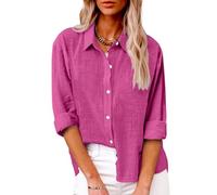Bluse Damen Musselin Langarm Leinenbluse Baumwolle Leinen Hemd Reverskragen Leinenhemd Sommer Longbluse Leicht Luftig Hemdbluse Button-Down Leinenshirt Locker Blusenshirt Lässige Strandhemd