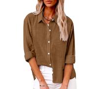 Bluse Damen Musselin Langarm Leinenbluse Baumwolle Leinen Hemd Reverskragen Leinenhemd Sommer Longbluse Leicht Luftig Hemdbluse Button-Down Leinenshirt Locker Blusenshirt Lässige Strandhemd