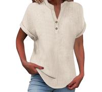 Bluse Damen, Musselin Leinenbluse Damen 2025 Frauen Sommer Tshirt Baumwolle Leinen T-Shirt Knopf V-Ausschnitt Tunika Tops Casual Tshirts Trendy Strandkleid Bluse, beige 4XL