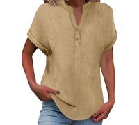 Bluse Damen, Musselin Leinenbluse Damen 2025 Frauen Sommer Tshirt Baumwolle Leinen T-Shirt Knopf V-Ausschnitt Tunika Tops Casual Tshirts Trendy Strandkleid Bluse, Khaki 5XL