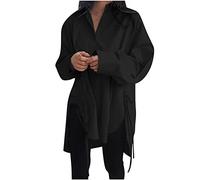 Bluse Damen Oversize Freizeithemd Einfarbiges Longshirt Revers Langarm Blusentops Großen Größen Hemd Tops Asymmetrisches Saum Vorne hinten Hemd Seitlichem Schlitz Urlaubshemd mit Schnürung S-5XL