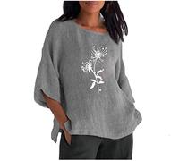 Bluse Damen Retro Baumwolle Leinen T-Shirt Oversize 3/4 Ärmel Leinenbluse Einfarbig Leinenhemd Oberteile Longbluse Rundhals Pullover Locker Tshirt Tunika Sommer Tops Basic Shirt Longtops für Frauen