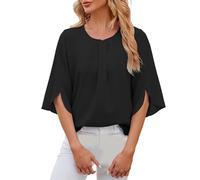 Bluse Damen Sommer 1/2 Arm Oberteile Elegant Tunika Schickes Damenblusen Oberteil Einfarbig Rundhalsausschnitt Fledermausärmel Tops Plissee Bluse Flowy Sommerbluse Schwarz M