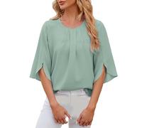 Bluse Damen Sommer 1/2 Arm Oberteile Elegant Tunika Schickes Damenblusen Oberteil Einfarbig Rundhalsausschnitt Fledermausärmel Tops Plissee Bluse Flowy Sommerbluse Grün L