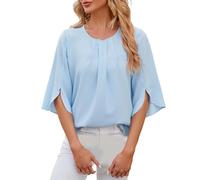 Bluse Damen Sommer 1/2 Arm Oberteile Elegant Tunika Schickes Damenblusen Oberteil Einfarbig Rundhalsausschnitt Fledermausärmel Tops Plissee Bluse Flowy Sommerbluse Blau XXL