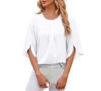 Bluse Damen Sommer 1/2 Arm Oberteile Elegant Tunika Schickes Damenblusen Oberteil Einfarbig Rundhalsausschnitt Fledermausärmel Tops Plissee Bluse Flowy Sommerbluse Weiß S