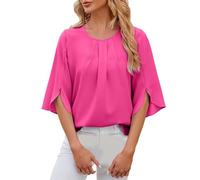 Bluse Damen Sommer 1/2 Arm Oberteile Elegant Tunika Schickes Damenblusen Oberteil Einfarbig Rundhalsausschnitt Fledermausärmel Tops Plissee Bluse Flowy Sommerbluse Heißes Rosa XL