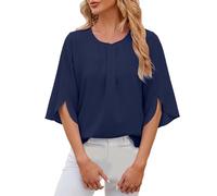Bluse Damen Sommer 1/2 Arm Oberteile Elegant Tunika Schickes Damenblusen Oberteil Einfarbig Rundhalsausschnitt Fledermausärmel Tops Plissee Bluse Flowy Sommerbluse Marineblau XL