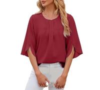 Bluse Damen Sommer 1/2 Arm Oberteile Elegant Tunika Schickes Damenblusen Oberteil Einfarbig Rundhalsausschnitt Fledermausärmel Tops Plissee Bluse Flowy Sommerbluse Rot XXL