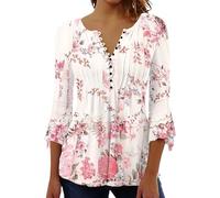 Bluse Damen Sommer 3/4 Arm Boho Blumen Oberteil Elegante Lässiges Tunika Henley-Shirt Bedrucktes Mit V-Ausschnitt & Lockerem Schnitt,02 Rosa,M