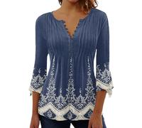 Bluse Damen Sommer 3/4 Arm Boho Blumen Oberteil Elegante Lässiges Tunika Henley-Shirt Bedrucktes Mit V-Ausschnitt & Lockerem Schnitt,06 Marine,M