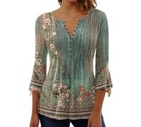Bluse Damen Sommer 3/4 Arm Boho Blumen Oberteil Elegante Lässiges Tunika Henley-Shirt Bedrucktes Mit V-Ausschnitt & Lockerem Schnitt,01 Grün,L