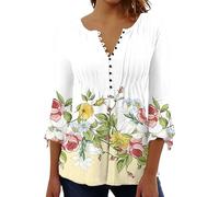 Bluse Damen Sommer 3/4 Arm Boho Blumen Oberteil Elegante Lässiges Tunika Henley-Shirt Bedrucktes Mit V-Ausschnitt & Lockerem Schnitt,04 Weiß,M