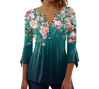 Bluse Damen Sommer 3/4 Arm Boho Blumen Oberteil Elegante Lässiges Tunika Henley-Shirt Bedrucktes Mit V-Ausschnitt & Lockerem Schnitt