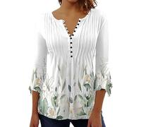 Bluse Damen Sommer 3/4 Arm Boho Blumen Oberteil Elegante Lässiges Tunika Henley-Shirt Bedrucktes Mit V-Ausschnitt & Lockerem Schnitt