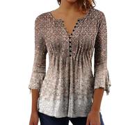 Bluse Damen Sommer 3/4 Arm Boho Blumen Oberteil Elegante Lässiges Tunika Henley-Shirt Bedrucktes Mit V-Ausschnitt & Lockerem Schnitt,10 Braun,M