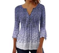 Bluse Damen Sommer 3/4 Arm Boho Blumen Oberteil Elegante Lässiges Tunika Henley-Shirt Bedrucktes Mit V-Ausschnitt & Lockerem Schnitt,09 Blau,XL