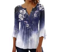 Bluse Damen Sommer 3/4 Arm Boho Blumen Oberteil Elegante Lässiges Tunika Henley-Shirt Bedrucktes Mit V-Ausschnitt & Lockerem Schnitt