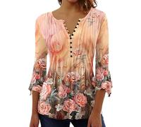 Bluse Damen Sommer 3/4 Arm Boho Blumen Oberteil Elegante Lässiges Tunika Henley-Shirt Bedrucktes Mit V-Ausschnitt & Lockerem Schnitt,04 Orange,M
