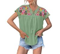 Bluse Damen Sommer,Damenbluse Sommer Azteken Ethnische Blumenstickerei Quaste Schnürpullover Hemden Tops Vintage Spleißen Kurze Ärmel Tunika Tops Boho Strand T-Shirts Für Damen Mädchen,Grün,L
