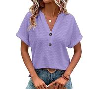 Bluse Damen Sommer,Damenbluse Sommer Einfarbig Hohl Jacquard-Knopf V-Ausschnitt Pullover Hemden Tops Elegante Kurzarm-Tunika-Oberteile Sexy Büroarbeitsblusen T-Shirts Für Damen Und Mädchen Lila X