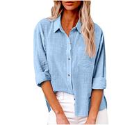 Bluse Damen Sommer Elegant Leinenbluse Einfarbig Blusenshirt Revers Modische Leinenhemd Blumendruck Oberteile Lose Pullover Top Vintage Freizeithemd T-Shirt Blusehemd Blusentop Tunika