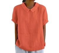 Bluse Damen Sommer Langarm Button Shirt Top Stand Volltonfarbe Ärmel Kragen Casual Damenblusen Tshirt Lang Lange Tshirts T-Shirt Große Größen T Baumwolle Elegant T-Shirts Leinen Kurzarm Lässige Orange