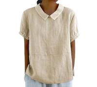Bluse Damen Sommer Langarm Button Shirt Top Stand Volltonfarbe Ärmel Kragen Casual Damenblusen Tshirt Lang Lange Tshirts T-Shirt Große Größen T Baumwolle Elegant T-Shirts Leinen Kurzarm Lässige Beige