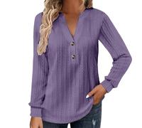 Bluse Damen Sommer Langarm Mit Knopfleiste Langärmelig V-Ausschnitt Modisches Modell Für Den Frühling Einfarbig Locker Geschnitten Lässig Oversize Shirt Lässige Oberteile Tunika Große Lila M
