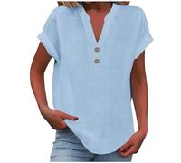 Bluse Damen Sommer locker Oversized Leinenbluse Basic V-Ausschnitt Kurzarm T-Shirt Lässiges Musselin Oberteile Button Down Bequemes Sexy Modisch Licht Hemdbluse Tunika Top