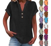 Bluse Damen Sommer locker Oversized Leinenbluse Basic V-Ausschnitt Kurzarm T-Shirt Lässiges Musselin Oberteile Button Down Bequemes Sexy Modisch Licht Hemdbluse Tunika Top