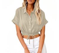 Bluse Damen Sommer Musselin Hemdbluse Reverskragen Leinenbluse Leicht Luftig Leinenhemd Kurzarm Blusenshirt Lässige Oberteile Sommer Leinenshirt Strand Tunika Button Down Leinen Top Elegant Hemd