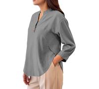 Bluse Damen Sommer Musselin Top Langarm Leinenbluse V-Ausschnitt Blusenshirt Button-Down Leinenhemd Casual Langarmshirt Leicht Luftig Leinenshirt Locker Shirt Einfarbig Blusentops Weich Hemdbluse