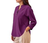 Bluse Damen Sommer Musselin Top Langarm Leinenbluse V-Ausschnitt Blusenshirt Button-Down Leinenhemd Casual Langarmshirt Leicht Luftig Leinenshirt Locker Shirt Einfarbig Blusentops Weich Hemdbluse