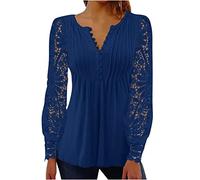 Bluse Damen Spitze Einfarbige Shirt Sommer Langarmshirt Langarm Tunika T-Shirt Tops Longbluse Tshirt Oberteile Blouse Locker V-Ausschnitt Tunic Blusenshirt Sommershirts Pullover Sport Oberteile