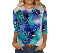 Bluse Damen T-Shirt 3/4 Arm Oberteile Tops Bunte Blumenmuster Druck Tunika Shirt Lose Rundhals Sommershirts Mode Damenblusen Langarm Blumen Bluse Tshirt (Mehrfarbig, XL)