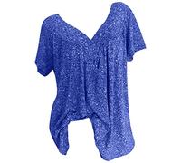 Bluse Damen T-Shirt Sommershirt in Übergröße Lässiges Blumendruck T-Shirt Kurzarm Sommer Tops mit V-Ausschnitt Patchwork Plissee Oberteile Lockere All-Match Tunika Bluse T-shirt Für Frauen S-5XL