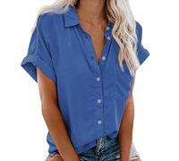 Bluse Damen V-Ausschnitt Hemd - T Shirt Kurzarm mit Knöpfen Brusttasche Revers Elegant Lässig Sommer Oberteile Hemdbluse Arbeit Einfarbig Kurzarmshirt Tops T-Shirts Blusen & Tuniken für Damen