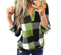 Bluse Damen V-Ausschnitt Kariert 3/4 Ärmel Kurzarm Tunika Tops Longshirt Shirt Top Frauen Casual Baumwolle Langarm Plaid Shirt Slim (XL,1Grün)