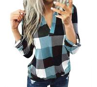 Bluse Damen V-Ausschnitt Kariert 3/4 Ärmel Kurzarm Tunika Tops Longshirt Shirt Top Frauen Casual Baumwolle Langarm Plaid Shirt Slim (XL,2Himmelblau)