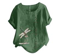 Bluse für Damen Tshirt aus Baumwoll Leinen Lässiges Libellen Druck T-Shirt Sommer Kurzarm Oberteile Rundhals Pullover Plus Size Freizeithem Lockere Bluse Tops Große Größe Pulli Shirt Blusentops