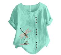 Bluse für Damen Tshirt aus Baumwoll Leinen Lässiges Libellen Druck T-Shirt Sommer Kurzarm Oberteile Rundhals Pullover Plus Size Freizeithem Lockere Bluse Tops Große Größe Pulli Shirt Blusentops