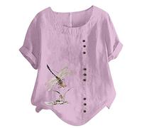 Bluse für Damen Tshirt aus Baumwoll Leinen Lässiges Libellen Druck T-Shirt Sommer Kurzarm Oberteile Rundhals Pullover Plus Size Freizeithem Lockere Bluse Tops Große Größe Pulli Shirt Blusentops