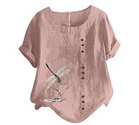 Bluse für Damen Tshirt aus Baumwoll Leinen Lässiges Libellen Druck T-Shirt Sommer Kurzarm Oberteile Rundhals Pullover Plus Size Freizeithem Lockere Bluse Tops Große Größe Pulli Shirt Blusentops