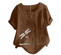 Bluse für Damen Tshirt aus Baumwoll Leinen Lässiges Libellen Druck T-Shirt Sommer Kurzarm Oberteile Rundhals Pullover Plus Size Freizeithem Lockere Bluse Tops Große Größe Pulli Shirt Blusentops