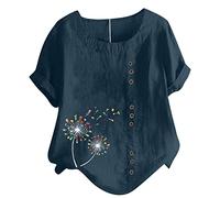 Bluse für Damen Tshirt aus Baumwoll Leinen Lässiges Löwenzahn Druck T-Shirt Sommer Kurzarm Oberteile Rundhals Pullover Plus Size Freizeithem Lockere Bluse Tops Große Größe Pulli Shirt Blusentops