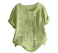 Bluse für Damen Tshirt aus Baumwoll Leinen Lässiges Löwenzahn Druck T-Shirt Sommer Kurzarm Oberteile Rundhals Pullover Plus Size Freizeithem Lockere Bluse Tops Große Größe Pulli Shirt Blusentops