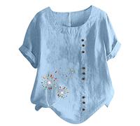 Bluse für Damen Tshirt aus Baumwoll Leinen Lässiges Löwenzahn Druck T-Shirt Sommer Kurzarm Oberteile Rundhals Pullover Plus Size Freizeithem Lockere Bluse Tops Große Größe Pulli Shirt Blusentops