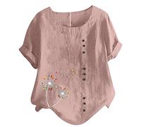 Bluse für Damen Tshirt aus Baumwoll Leinen Lässiges Löwenzahn Druck T-Shirt Sommer Kurzarm Oberteile Rundhals Pullover Plus Size Freizeithem Lockere Bluse Tops Große Größe Pulli Shirt Blusentops