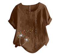 Bluse für Damen Tshirt aus Baumwoll Leinen Lässiges Löwenzahn Druck T-Shirt Sommer Kurzarm Oberteile Rundhals Pullover Plus Size Freizeithem Lockere Bluse Tops Große Größe Pulli Shirt Blusentops